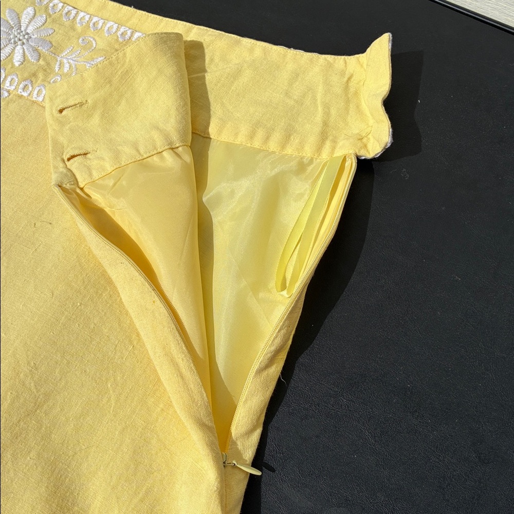 SilkLand Yellow A-Line Skirt with White Embroidery Button/Zip - Picture 6 of 10